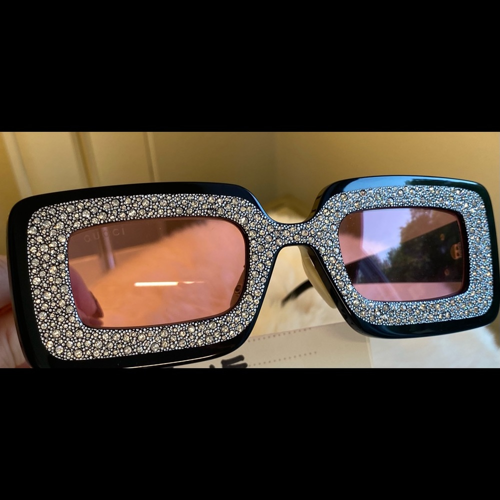 New Gucci Black Embellished Rectangular Frame Sunglasses - Picture 15 of 15